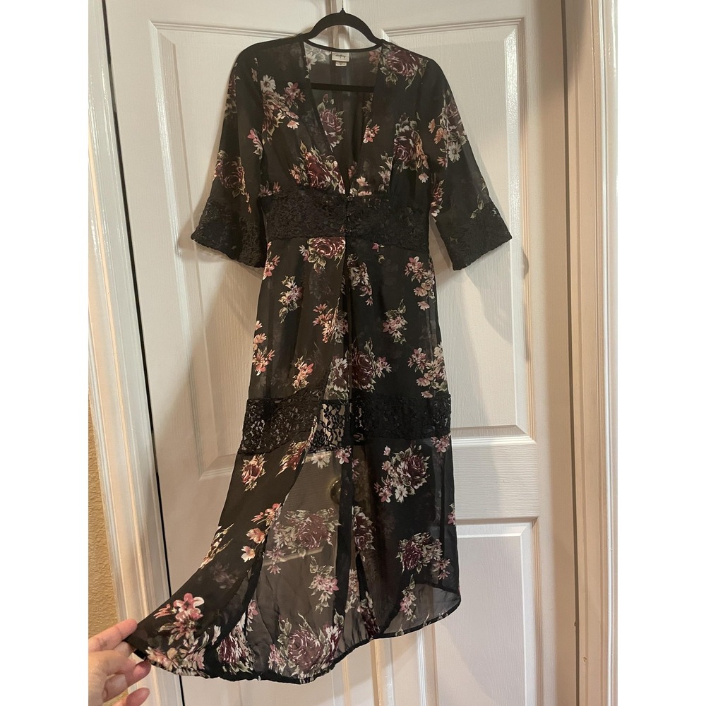 Daytrip Dress Womens S Black Floral Sheer V Neck Lace Maxi Boho 3/4 Sleeve